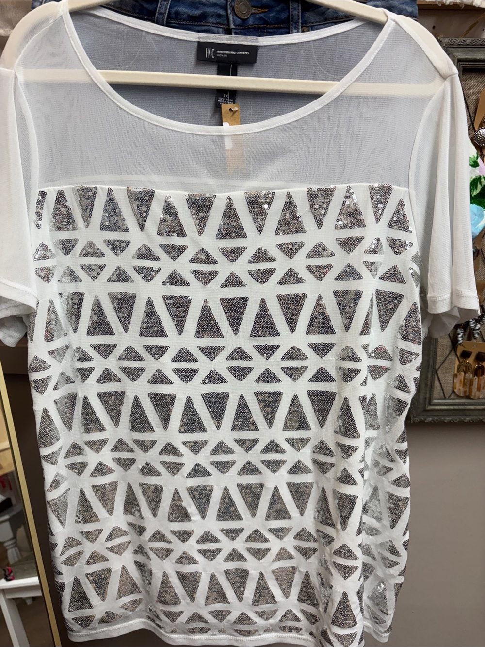 INC International Concepts White Mesh Tee with Silver Sequin Geometric 1x